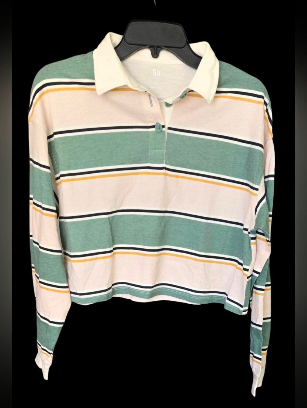 SO Juniors Cropped Striped Collared Long Sleeve Pullover, Sz S